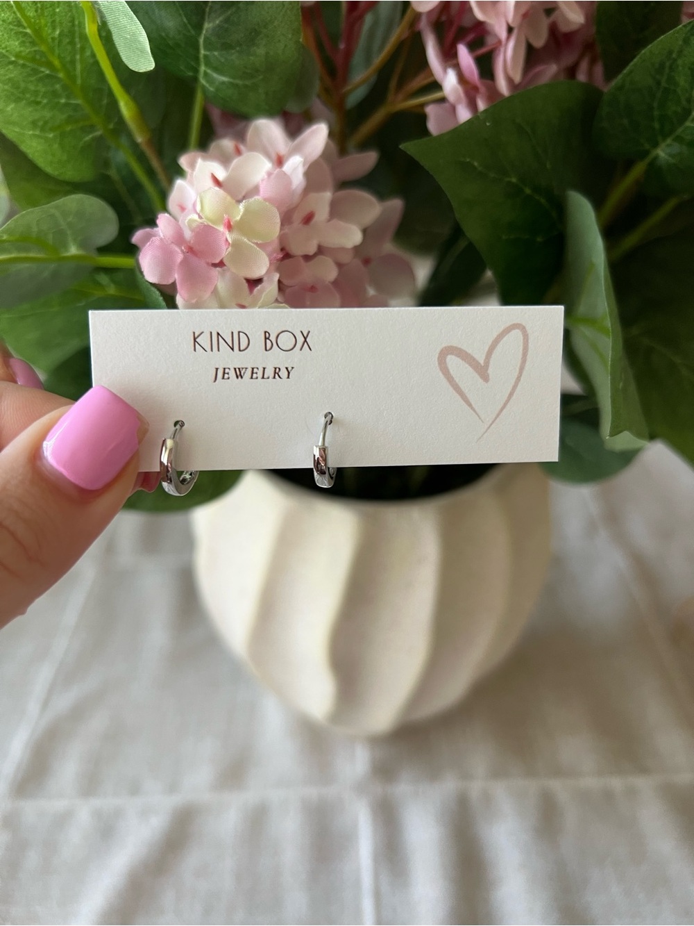 Silver Hoop Earrings - Pink Accent Card